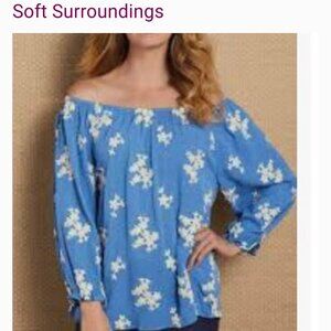 soft surroundings avignon tunic top blouse XS blue with white embroidery boho